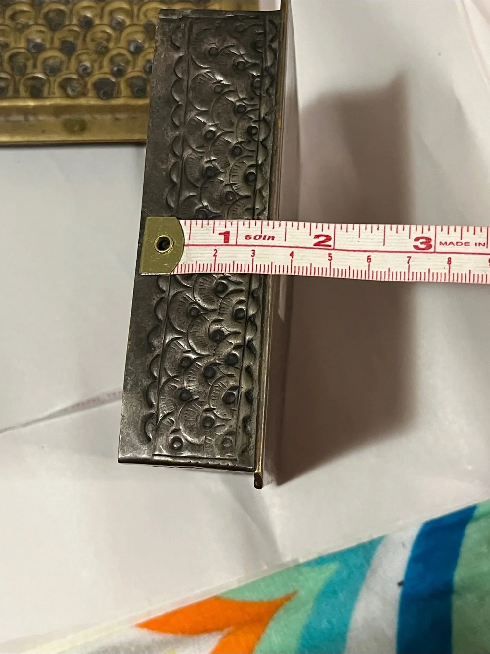 Antique Gold and Tan Embossed Metal Vanity Slide Box
